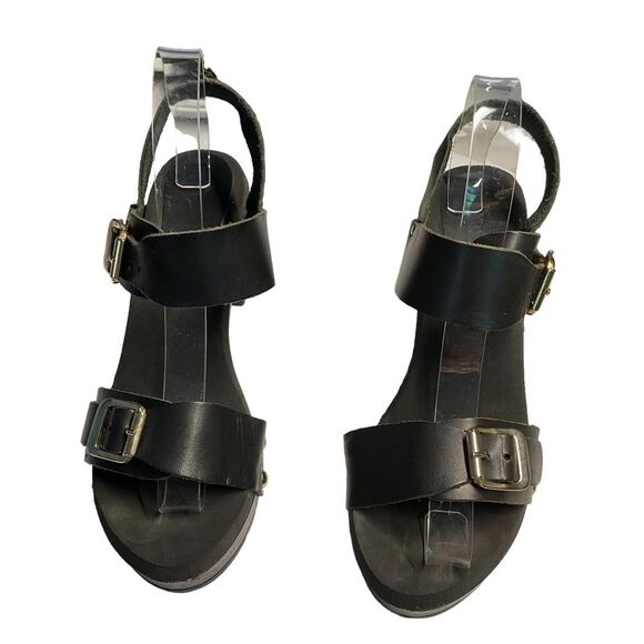 Dune London Black Italian Leather Double Strap Chunky Heel Sandals Size 39 (8) - Picture 1 of 16